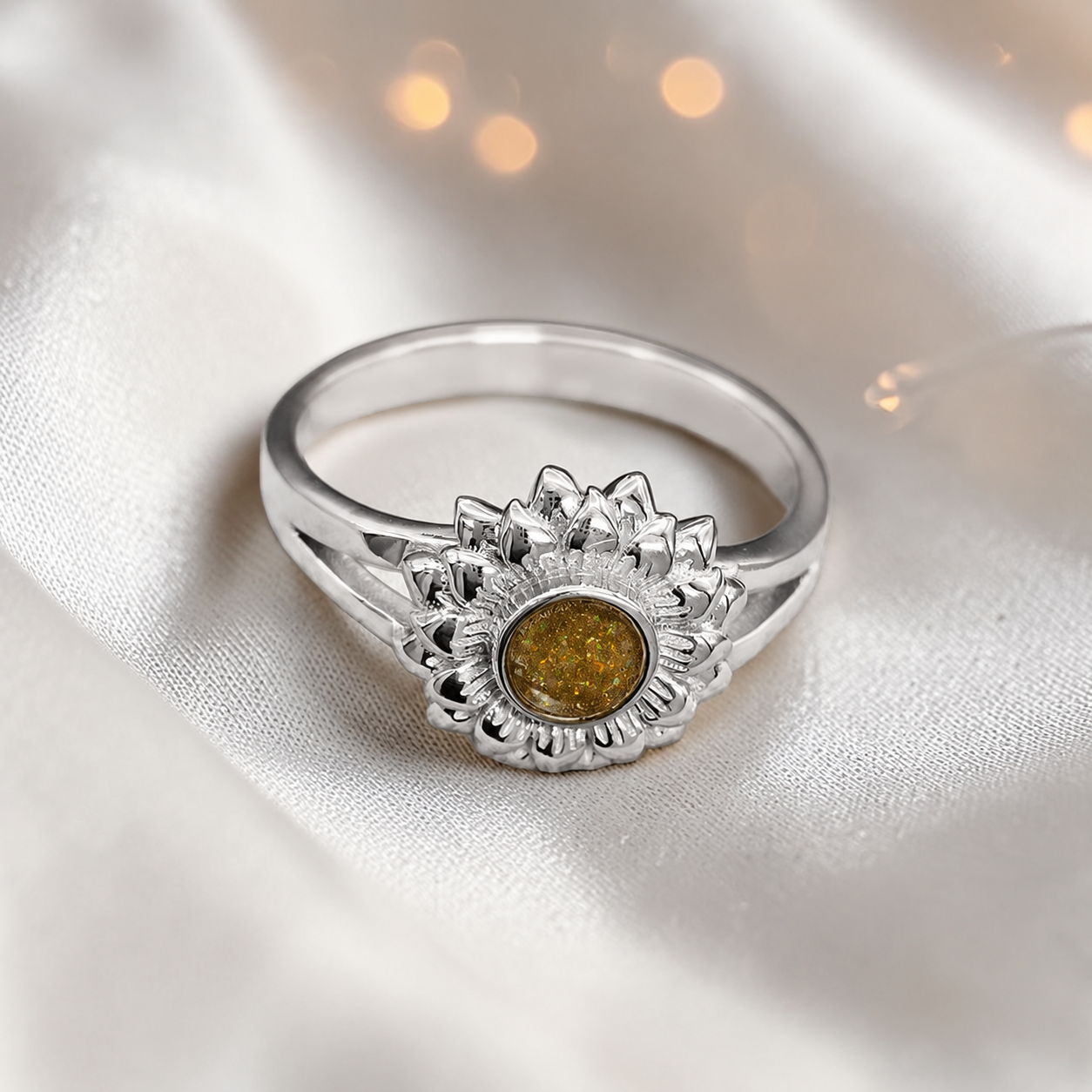 sunflower keepsake memorial ashes ring, handcrafted in lancashire