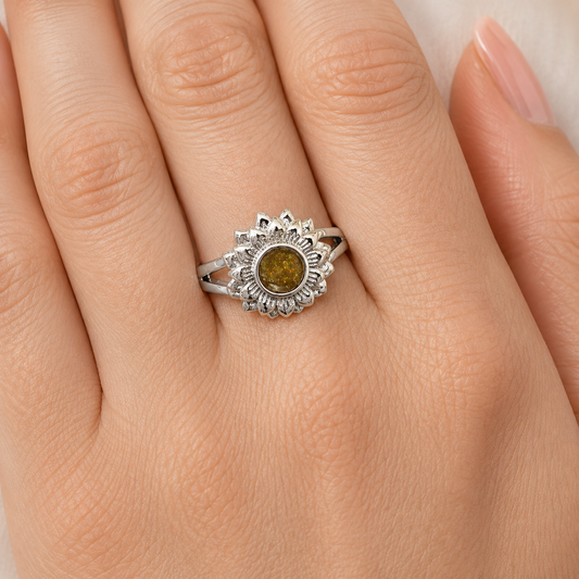 sunflower keepsake memorial ashes ring on hand, handcrafted in lancashire