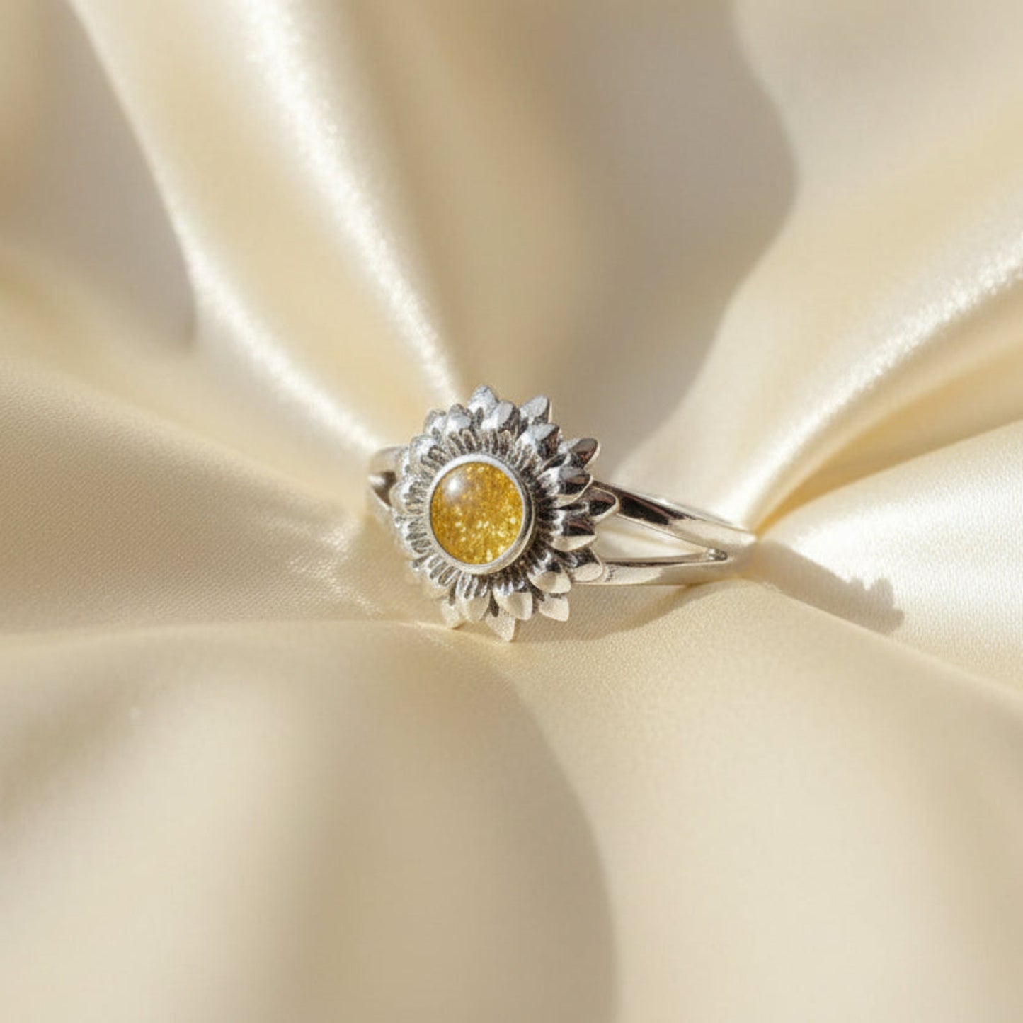 Flora Ring — silver sunflower ashes memorial ring, handcrafted in Lancashire, UK