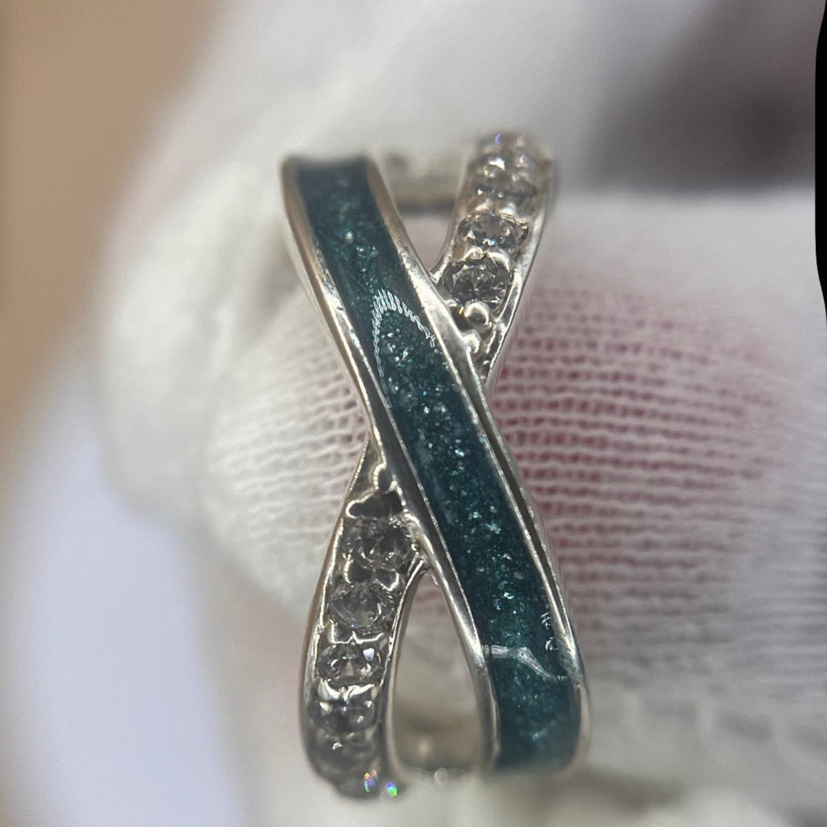 Teal mist Elsie keepsake memorial ashes ring, handcrafted in Lancashire