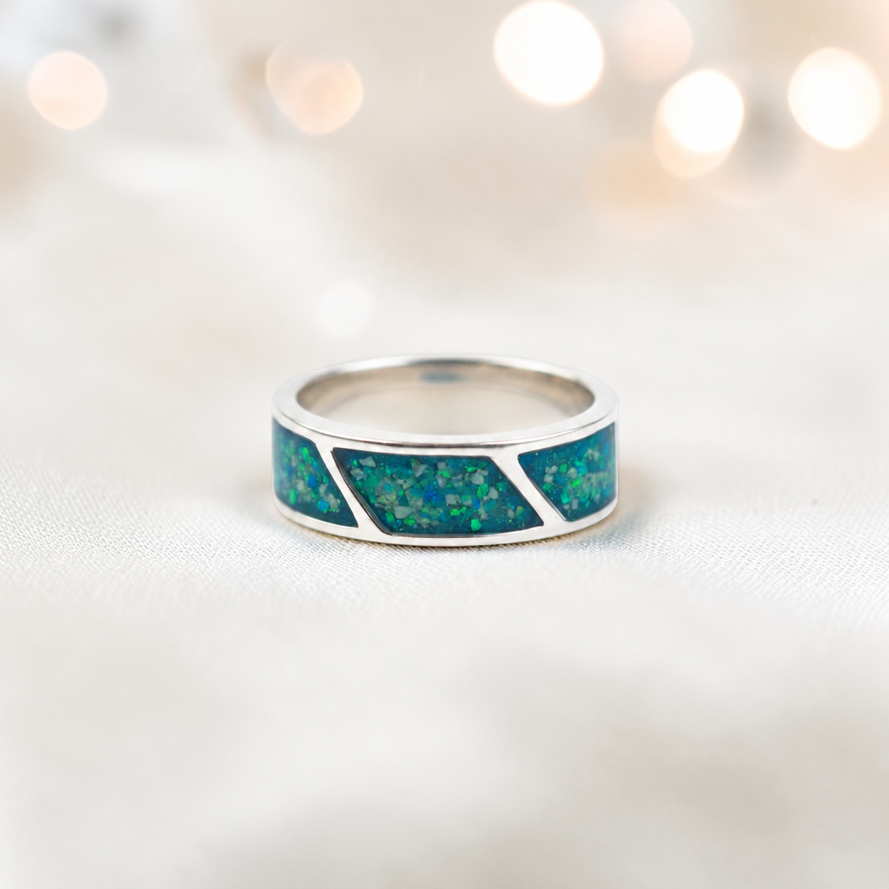 Teal mist Axis men's sterling silver three setting ring, handcrafted in Lancashire UK by Keepsake Memorial Jewellery