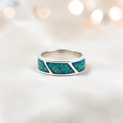 Teal mist Axis men's sterling silver three setting ring, handcrafted in Lancashire UK by Keepsake Memorial Jewellery
