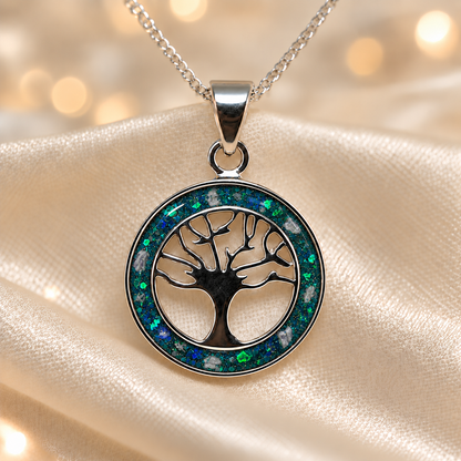 Teal Mist Keepsake Memorial Silver Circle Tree of Life Ashes Pendant in sterling silver 925, 16mm