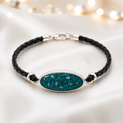 Teal mist Continuum men's sterling silver and leather memorial bracelet , handcrafted in Lancashire UK by Keepsake Memorial Jewellery