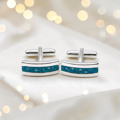 Teal mist silver Ember memorial ashes cufflinks, handcrafted in Lancashire UK