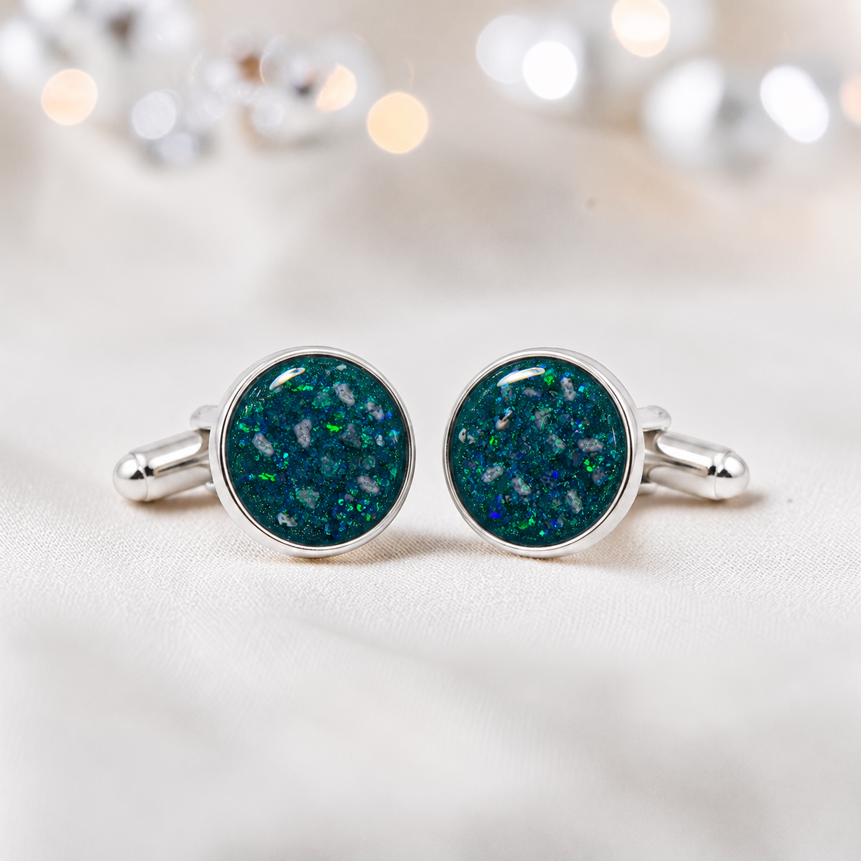 Teal mist silver Eterna memorial ashes cufflinks, handcrafted in Lancashire UK