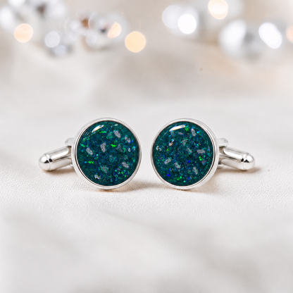 Teal mist silver Eterna memorial ashes cufflinks, handcrafted in Lancashire UK