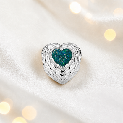 Teal mist sterling silver peaceful whisper heart ashes memorial charm, handcrafted in Lancashire by keepsake memorial