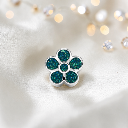 Teal mist sterling silver flora, flower ashes memorial charm, handcrafted in Lancashire by keepsake memorial