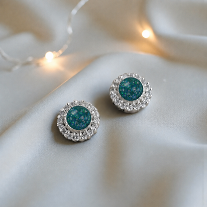 Halo's memorial stud earrings in Teal Mist opal — sterling silver, handcrafted in Lancashire, UK