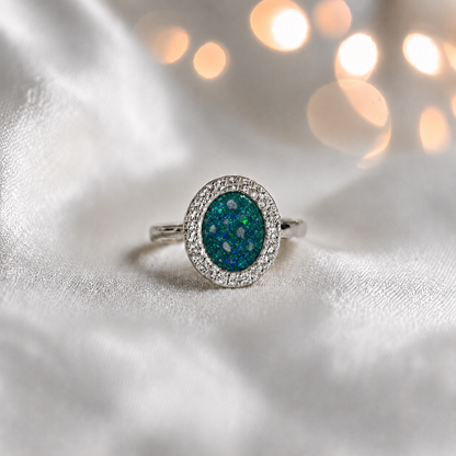 Keepsake Memorial Silver Halo Ashes Ring in Teal Mist - Handcrafted in the UK