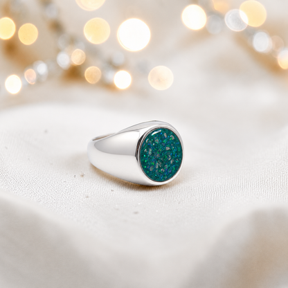 Teal mist Haven men's sterling silver signet ring, handcrafted in Lancashire UK by Keepsake Memorial Jewellery