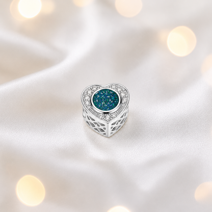 Teal mist Sterling silver heart of memories ashes memorial charm, handcrafted in Lancashire by keepsake memorial