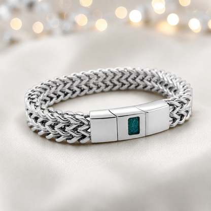 Teal mist Heritage men's stainless steel  memorial bracelet , handcrafted in Lancashire UK by Keepsake Memorial Jewellery