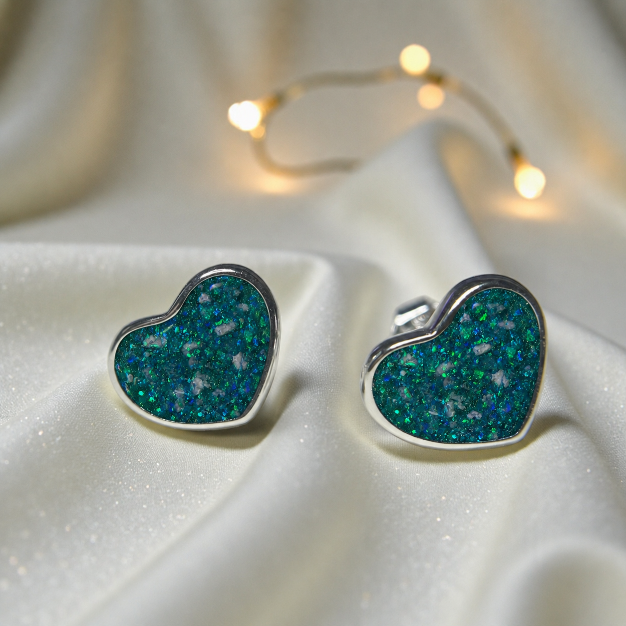 Keepsake Memorial Sterling Silver Heart Ashes Earrings Luna Grace in Teal Mist - Handcrafted in the UK