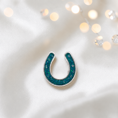 Maverick horseshoe ashes charm, in teal mist, handcrafted in Lancashire UK - by Keepsake Memorial Jewellery 