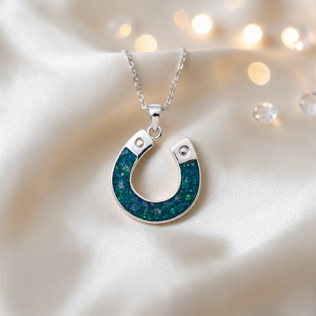 Midnight horseshoe ashes pendant in teal mist, handcrafted in Lancashire UK - by Keepsake Memorial Jewellery