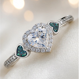 Keepsake Memorial Silver Ladies Heart Cluster Ring - Opaline