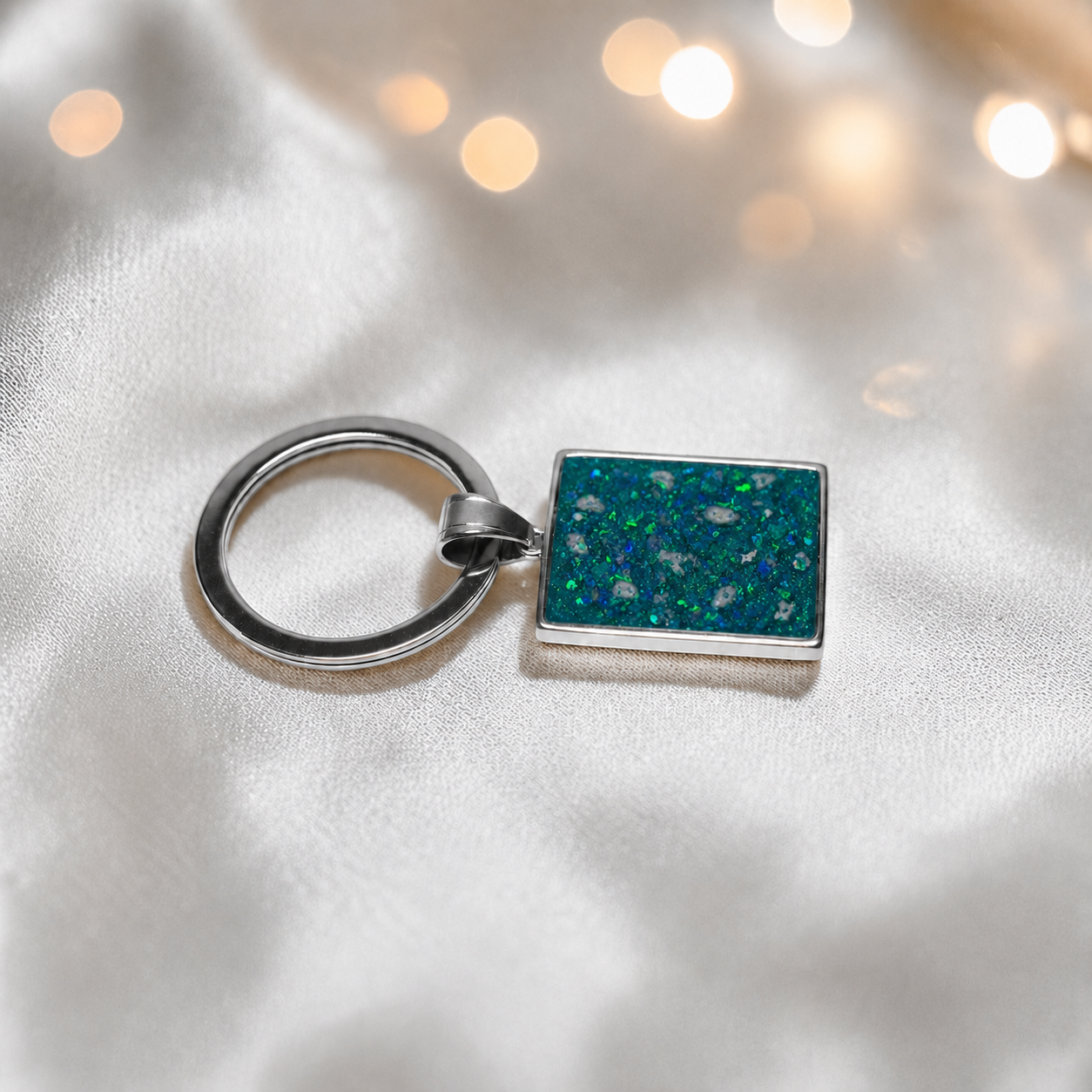 Stainless steel always with me keyring in teal mist, handcrafted in Lancashire, UK - by Keepsake Memorial Jewellery