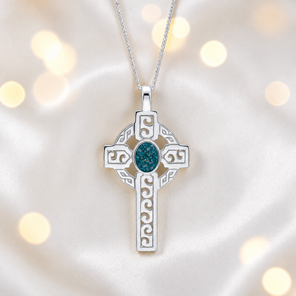 Teal Mist Anam sterling silver Celtic cross memorial pendant, 55mm, handcrafted in Lancashire UK by Keepsake Memorial Jewellery