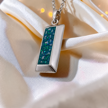 Teal Mist Bastion men's sterling silver 3D bar memorial pendant, handcrafted in Lancashire UK by Keepsake Memorial Jewellery