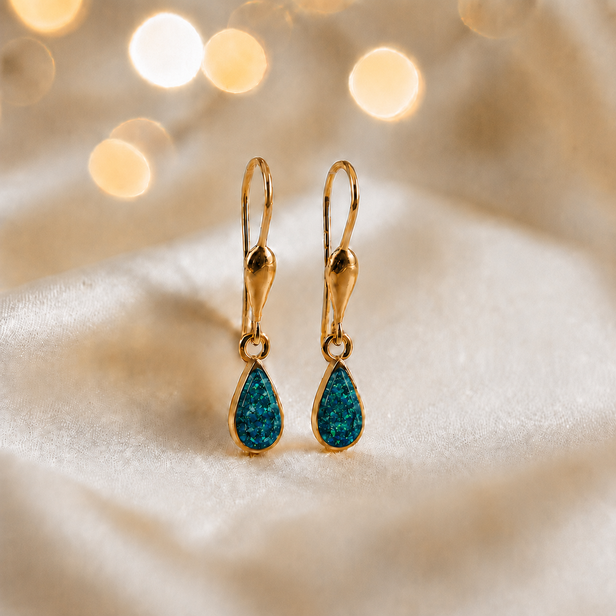 Teal mist Calla 9ct gold drop memorial earrings, handcrafted in Lancashire, UK – by Keepsake Memorial Jewellery