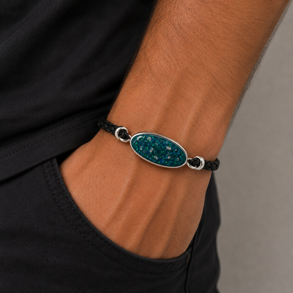 Teal mist Continuum men's sterling silver and leather memorial bracelet , handcrafted in Lancashire UK by Keepsake Memorial Jewellery