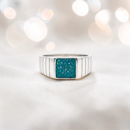 Teal mist Echo men's sterling silver memorial signet ring, handcrafted in Lancashire UK by Keepsake Memorial Jewellery