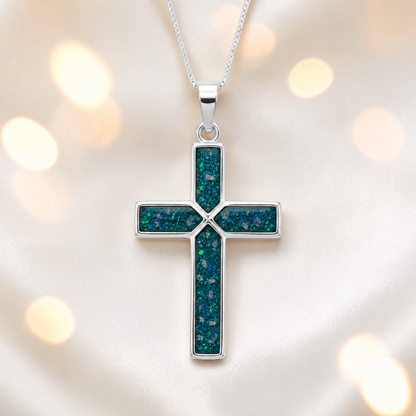Teal mist Endura men's sterling silver cross memorial pendant, 29mm, handcrafted in Lancashire UK by Keepsake Memorial Jewellery