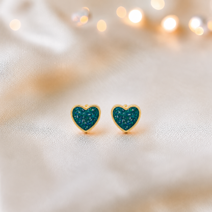 Teal Mist Eve 9ct gold heart earrings, handcrafted in Lancashire, UK – by Keepsake Memorial Jewellery