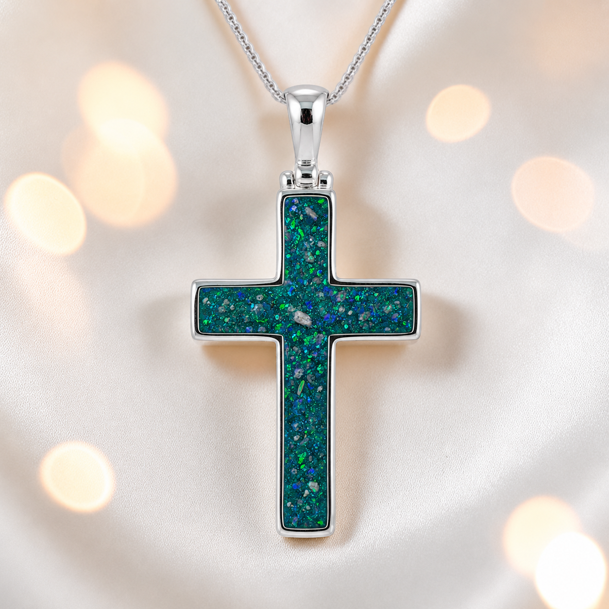 Teal Mist Halo sterling silver cross memorial pendant, 30mm, handcrafted in Lancashire UK by Keepsake Memorial Jewellery