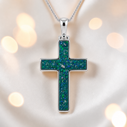 Teal Mist Halo sterling silver cross memorial pendant, 30mm, handcrafted in Lancashire UK by Keepsake Memorial Jewellery
