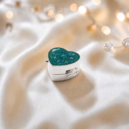 Sterling silver ashes heart trinket box in teal mist, handcrafted in Lancashire, UK - by Keepsake Memorial Jewellery