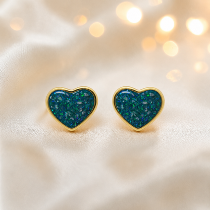 Teal Mist Helene 9ct gold heart earrings, handcrafted in Lancashire, UK – by Keepsake Memorial Jewellery