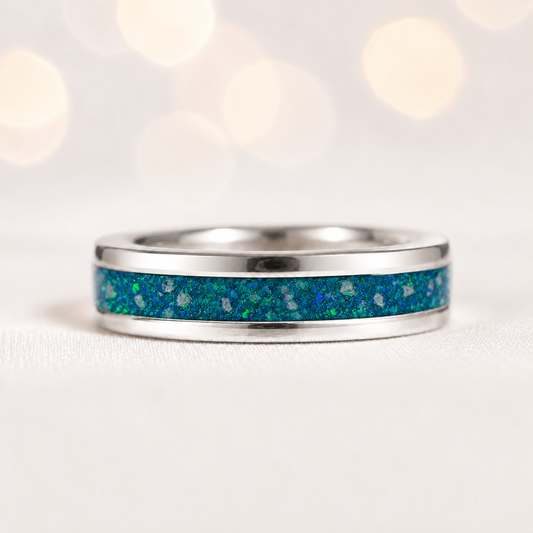 Teal mist Horizon unisex sterling silver channel memorial band ring, 5.5mm wide, handcrafted in Lancashire UK by Keepsake Memorial Jewellery