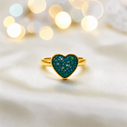 Teal Mist 9ct gold heart memorial ring, Juliette, handcrafted in Lancashire, UK – by Keepsake Memorial Jewellery