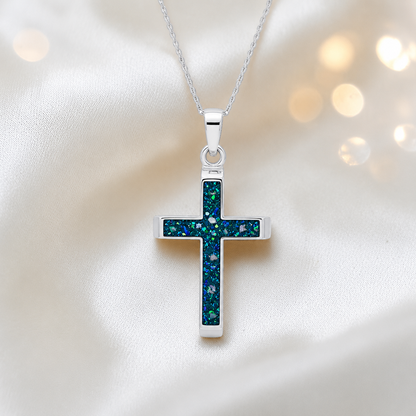 Teal mist Legacy men's sterling silver 3D cross memorial pendant, 29mm, handcrafted in Lancashire UK by Keepsake Memorial Jewellery