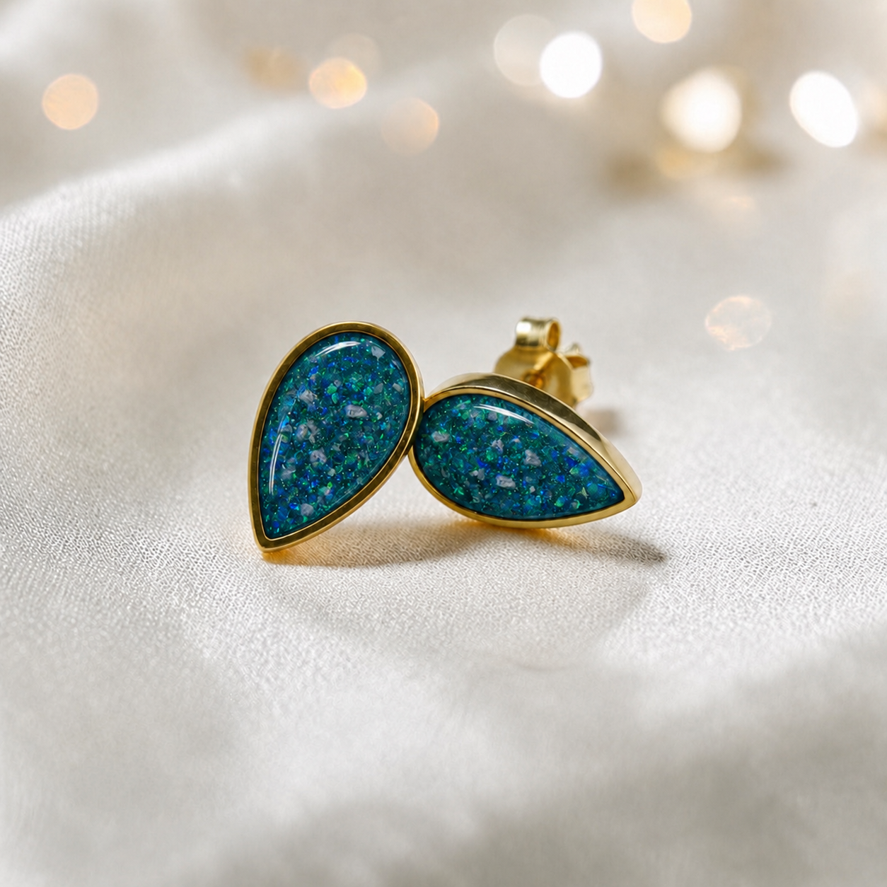 Teal Mist Luma 9ct gold pear drop earrings, handcrafted in Lancashire, UK – by Keepsake Memorial Jewellery