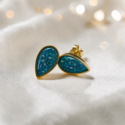 Teal Mist Luma 9ct gold pear drop earrings, handcrafted in Lancashire, UK – by Keepsake Memorial Jewellery