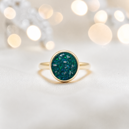 Teal Mist 9ct gold round memorial ring,  Matilda, handcrafted in Lancashire, UK – by Keepsake Memorial Jewellery
