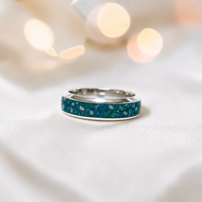 Teal mist Obsidian men's sterling silver wide channel memorial band ring, 6mm wide, handcrafted in Lancashire UK by Keepsake Memorial Jewellery