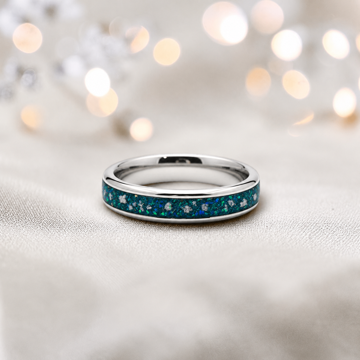 Teal Mist Ridge unisex stainless steel channel memorial ring, handcrafted in Lancashire UK by Keepsake Memorial Jewellery