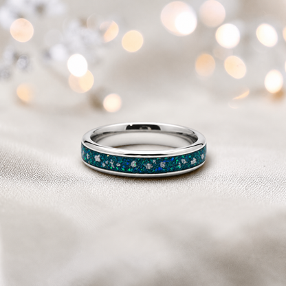 Teal Mist Ridge unisex stainless steel channel memorial ring, handcrafted in Lancashire UK by Keepsake Memorial Jewellery
