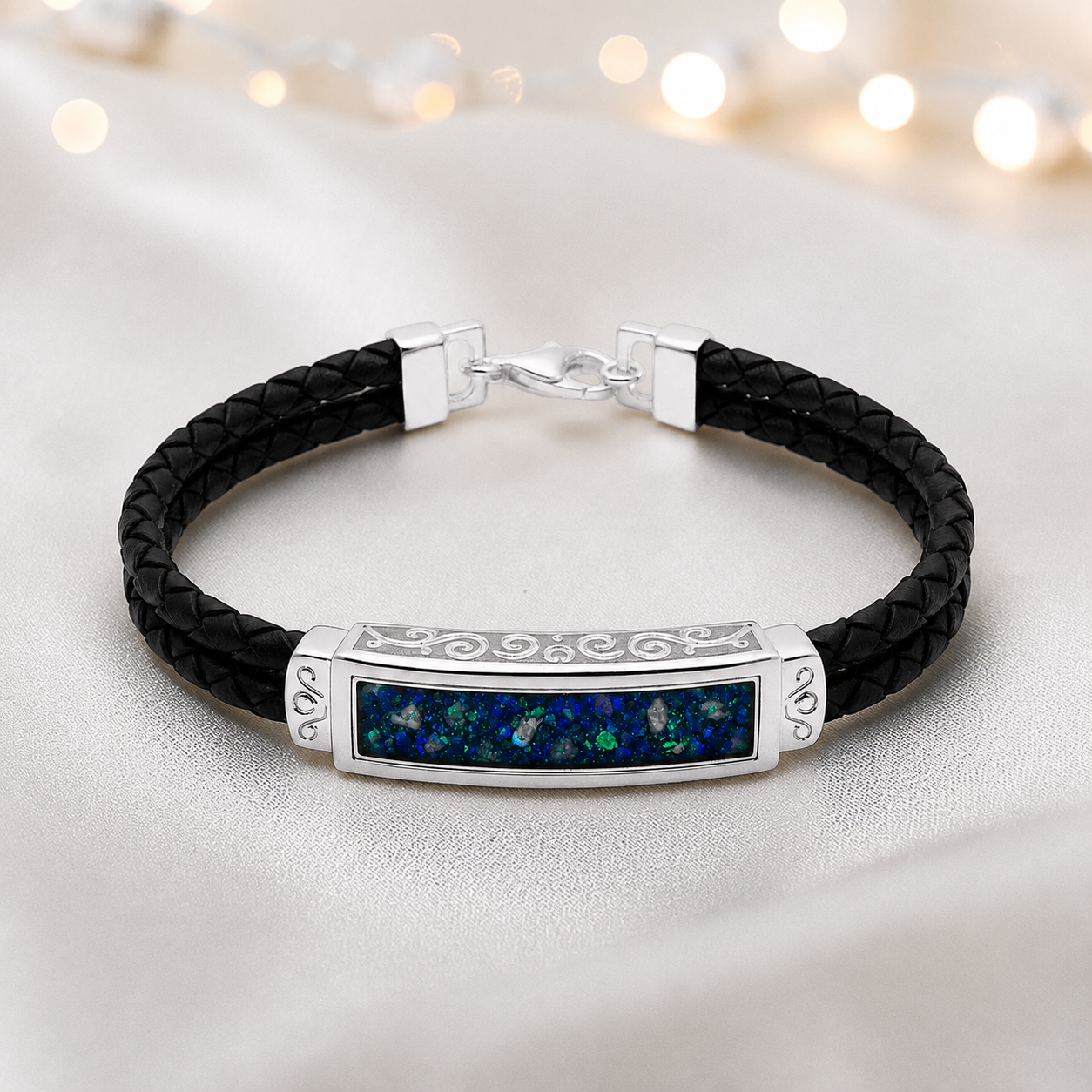 Teal mist Sentinel men's sterling silver and leather memorial bracelet , handcrafted in Lancashire UK by Keepsake Memorial Jewellery