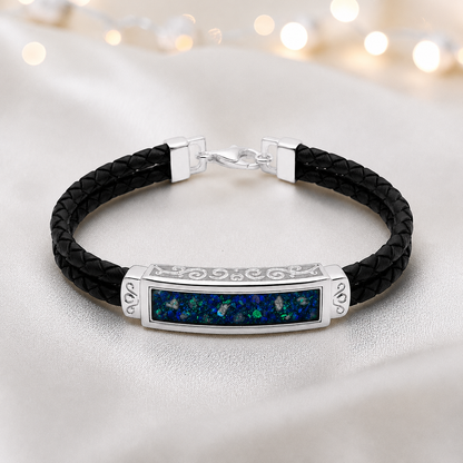 Teal mist Sentinel men's sterling silver and leather memorial bracelet , handcrafted in Lancashire UK by Keepsake Memorial Jewellery