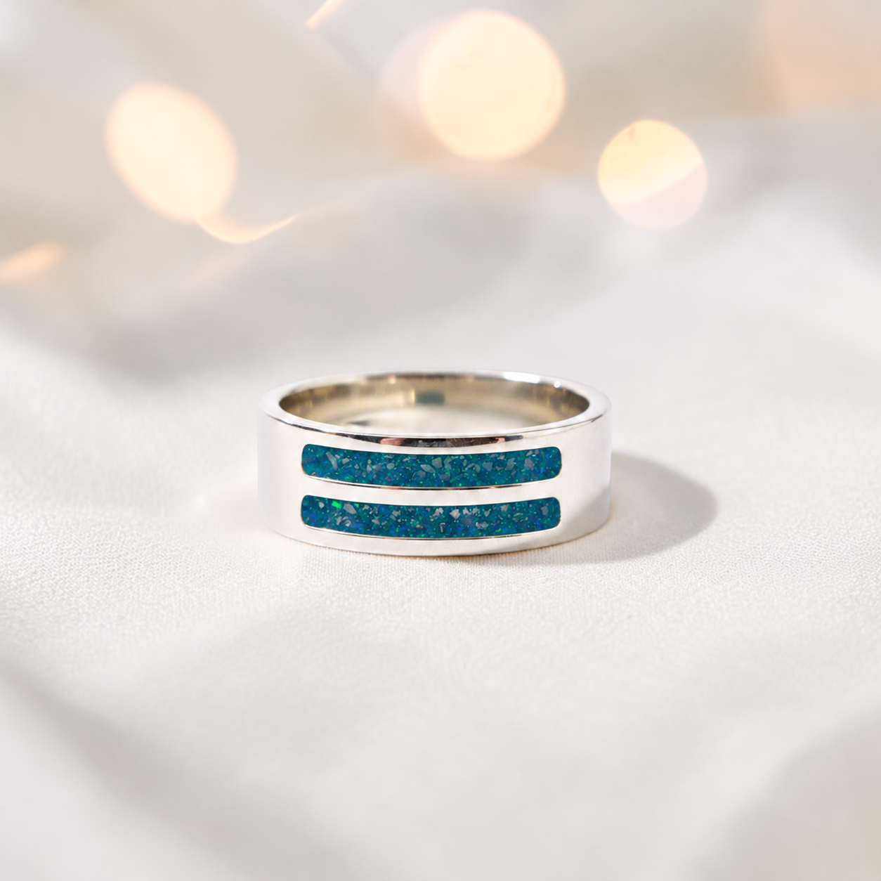 Teal mist Strata men's sterling silver double channel memorial ring, wide comfort-fit band, handcrafted in Lancashire UK by Keepsake Memorial Jewellery