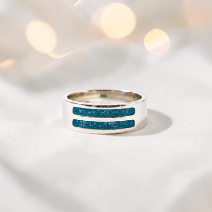 Teal mist Strata men's sterling silver double channel memorial ring, wide comfort-fit band, handcrafted in Lancashire UK by Keepsake Memorial Jewellery