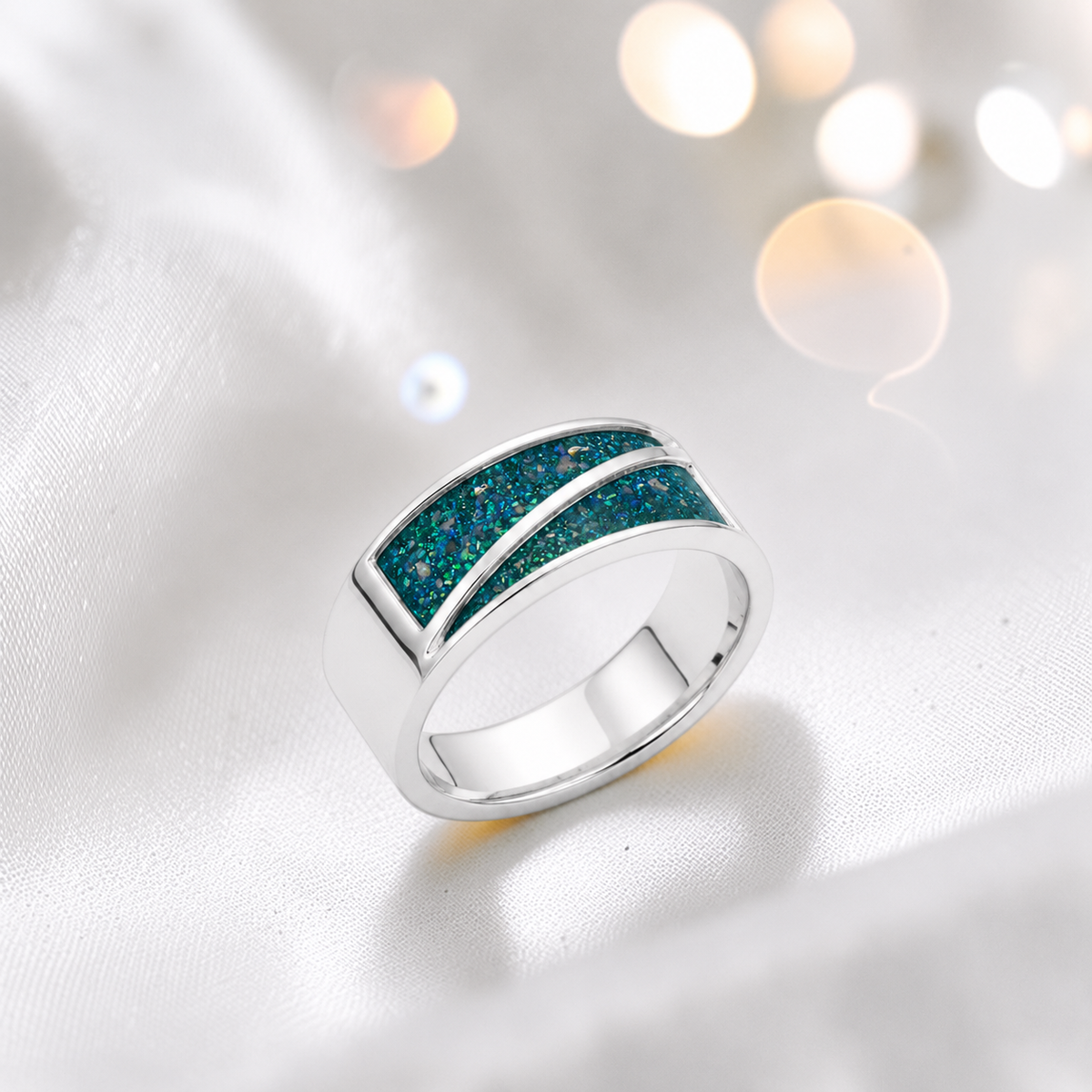 Teal Mist Two Paths men's sterling silver split channel memorial band ring, handcrafted in Lancashire UK by Keepsake Memorial Jewellery