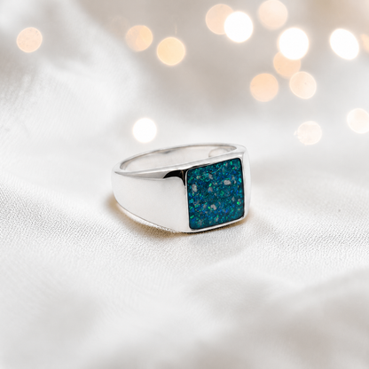 Teal Mist Valor men's sterling silver memorial signet ring, handcrafted in Lancashire UK by Keepsake Memorial Jewellery