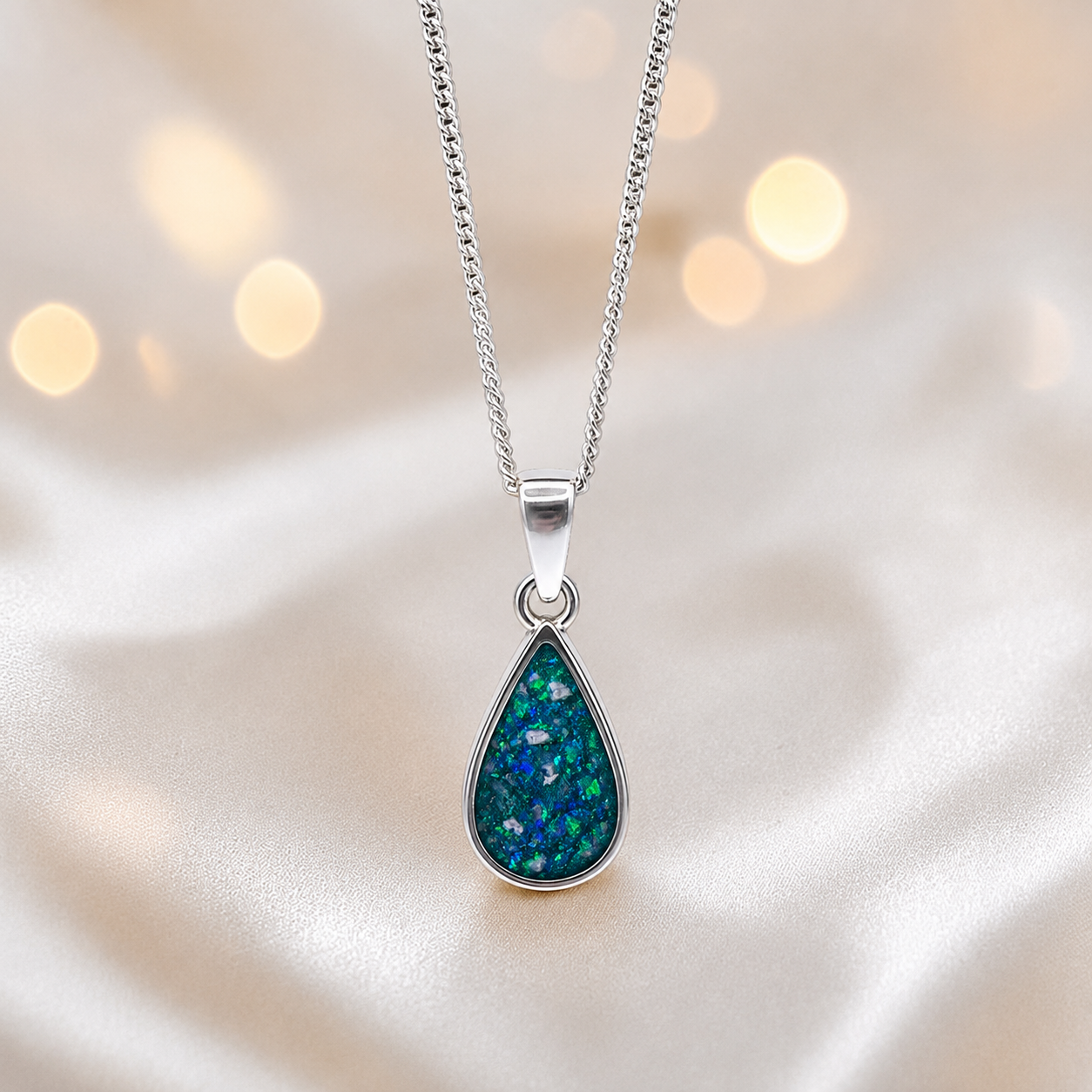 Silver Vega teardrop memorial pendant in Teal Mist, handcrafted in Lancashire UK